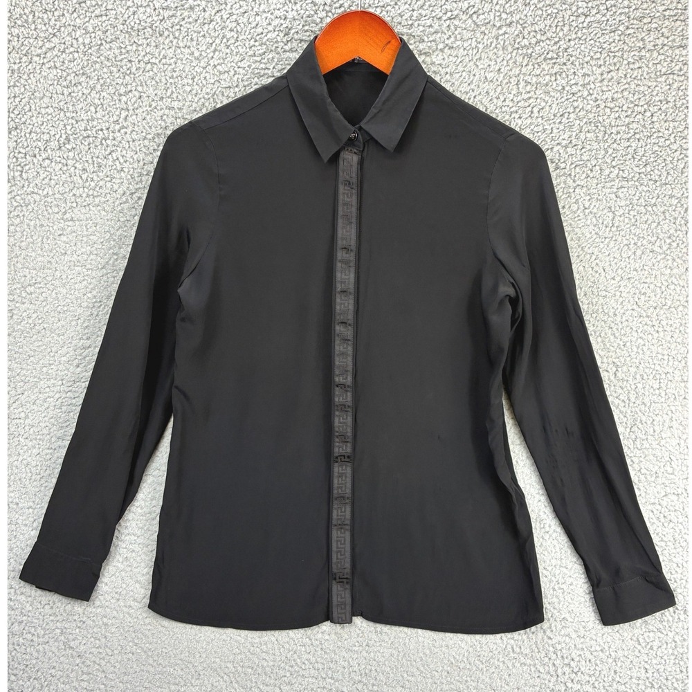 Versace Greca Trim Button Down Shirt Blouse Womens M Black Designer Luxury